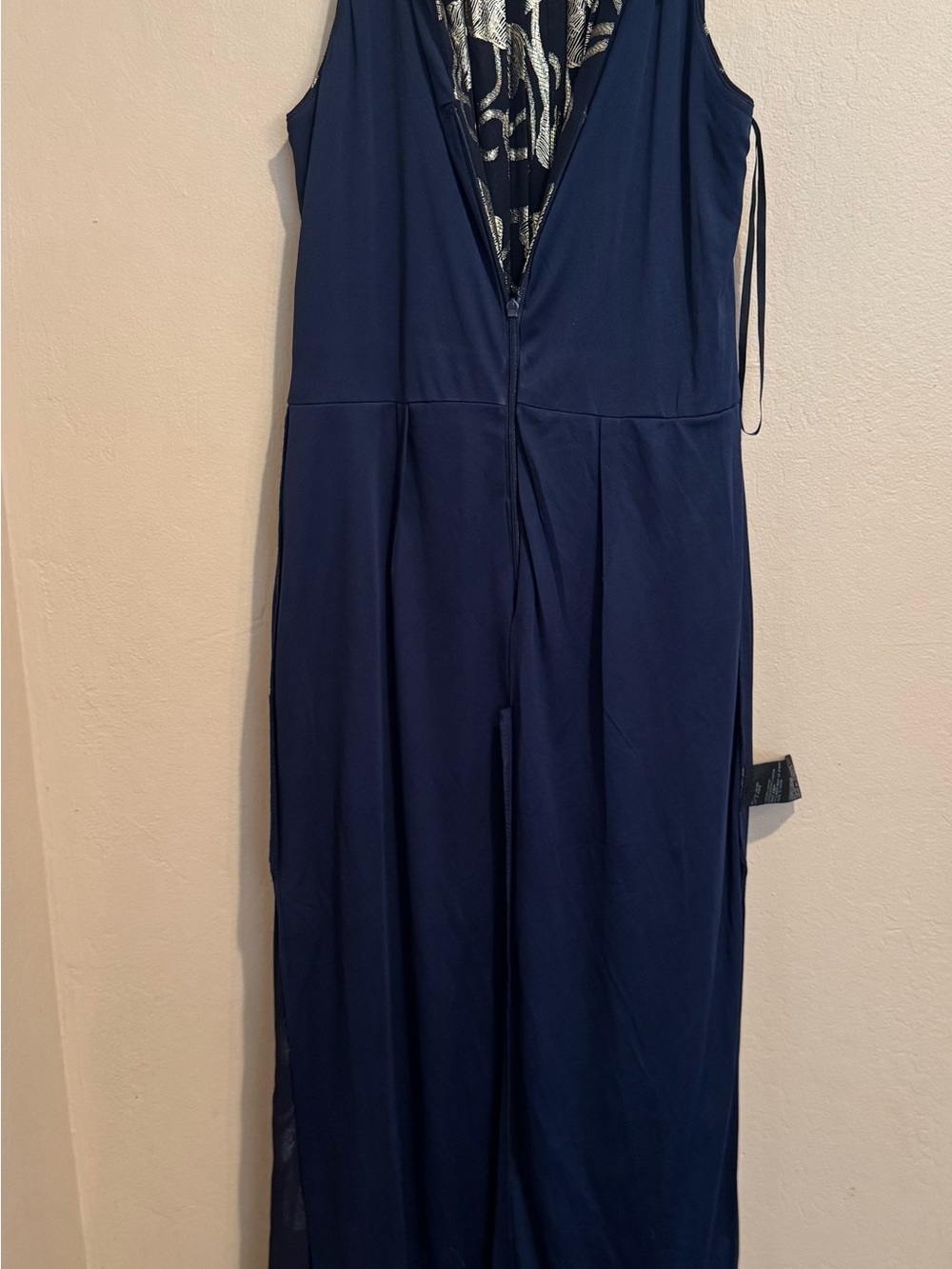 Queen Navy & Gold Metallic Foil Knit Jacquard Gown W/Halter Neck Fitted Waist - Picture 7 of 11